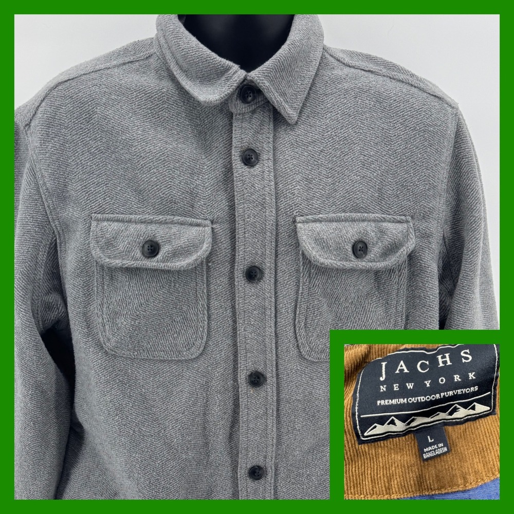 Jachs New York Herringbone Shirt Jacket Mens L Button Front Pockets Gray‎